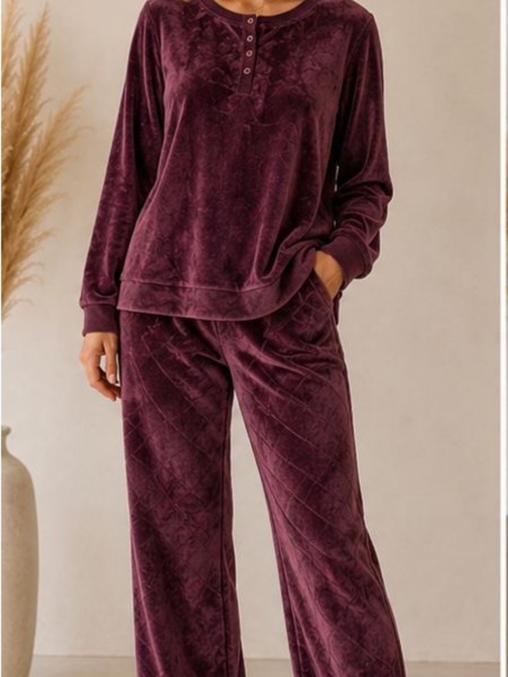Vince Camuto Plush Henley Pajama Set - Plum